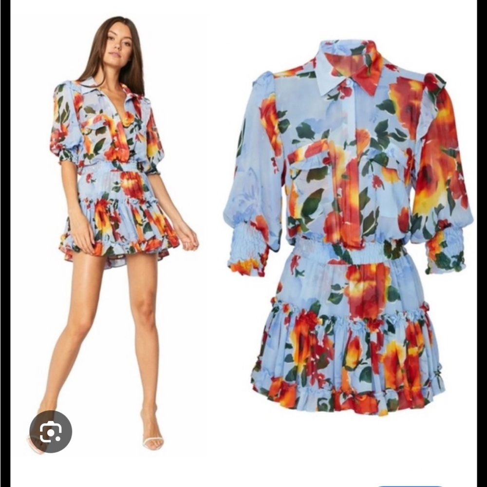 Misa Los Angeles Blue Floral Mini Dress with Orange Blooms - Picture 4 of 5